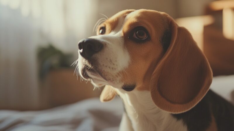 Close-up of a beagle dog with a curious expression, looking up while sitting indoors in soft natural light.