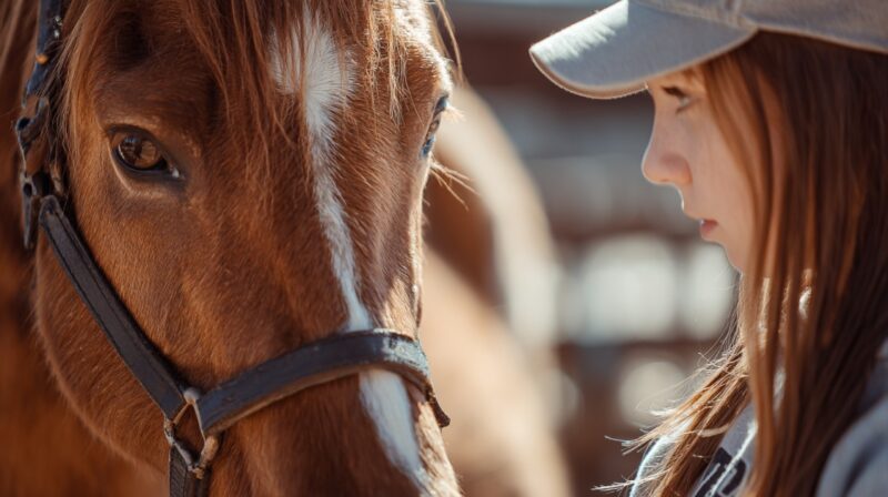 Close-up of a brown horse with a white stripe on its face standing beside a girl in a cap, highlighting their bond