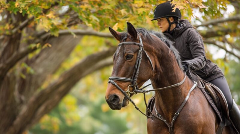 A woman in riding gear sits on a brown horse under autumn trees