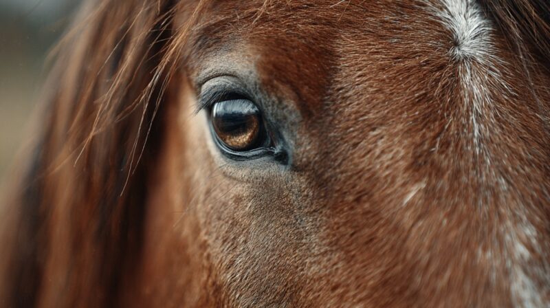 Close-up of a horse’s eye, highlighting its brown fur and deep, reflective gaze