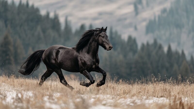 A powerful black horse galloping across a field with mountains and forest in the background